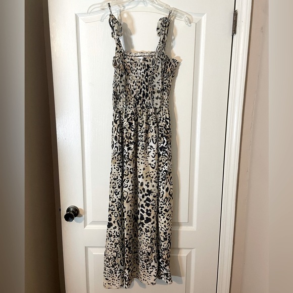 La Ligne 100% Silk Tie Strap Leopard Animal Print Smocked Midi Dress Size M - Picture 2 of 9
